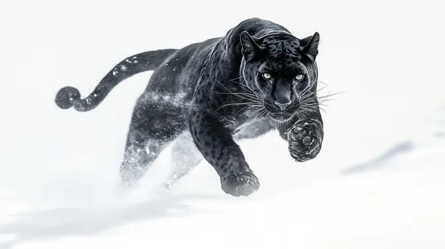 Black Panther Running Through Snowy Mountain Landscape, Realistic Art