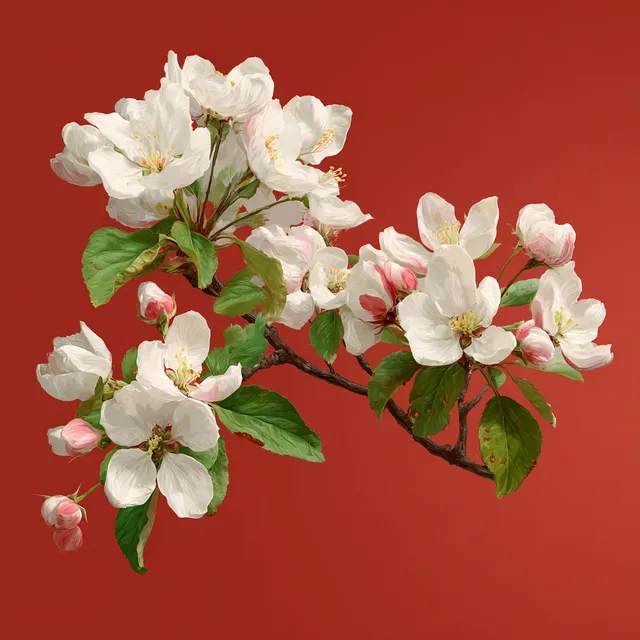 Blossoming Apple Tree Branch on Red Background