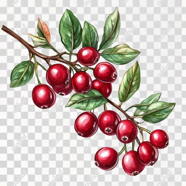 Botanical Watercolor: Cranberries on Branch with Fresh Leaves