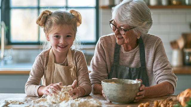 Candid Baking Moments: Grandmother and Granddaughter in the Kitchen