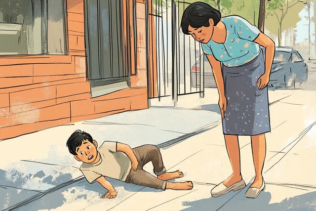 Caring Moments: A Boy and His Mother on the Sidewalk