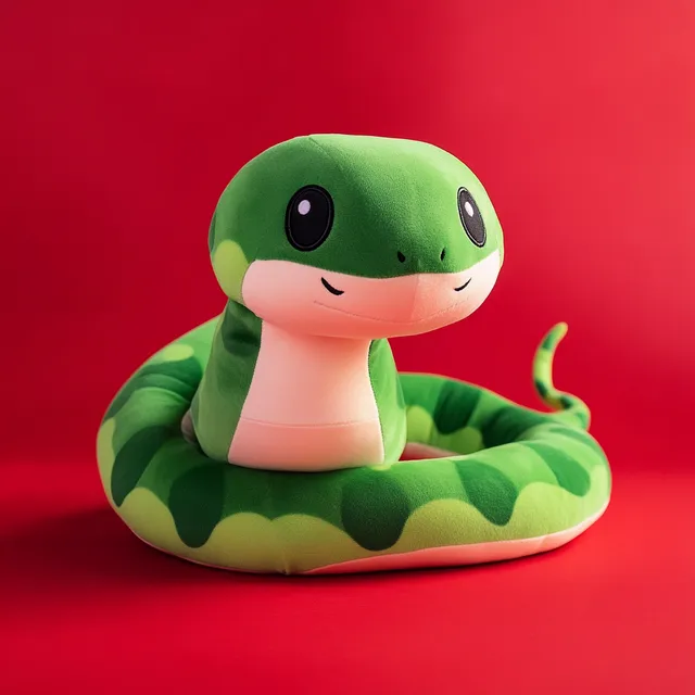 Cartoon Snake Plush Toy on Vibrant Red Surface for Cozy Living Spaces
