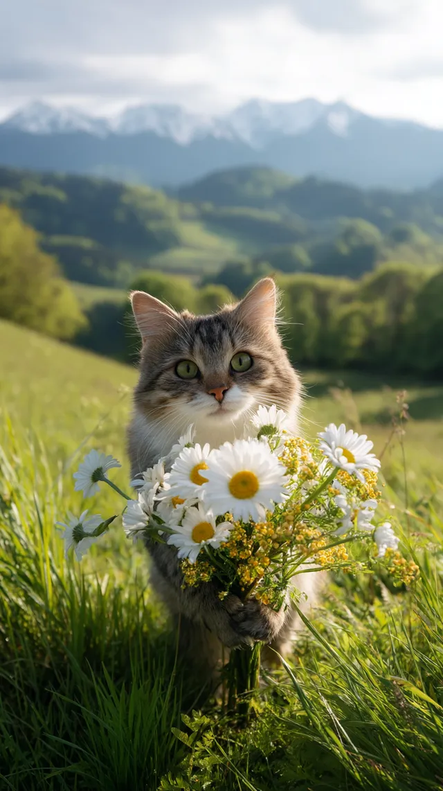 Charming Cat with Daisies in a Scenic Landscape