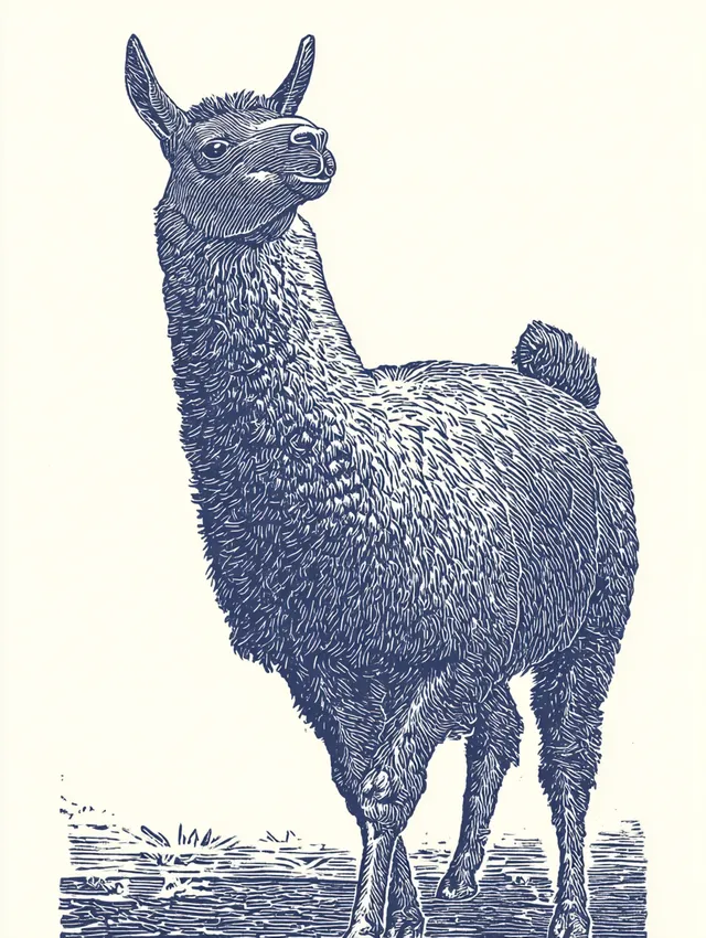 Charming Llama Linoprint Illustration