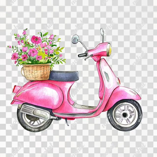 Charming Pink Scooter with Floral Bouquet Clipart Illustration