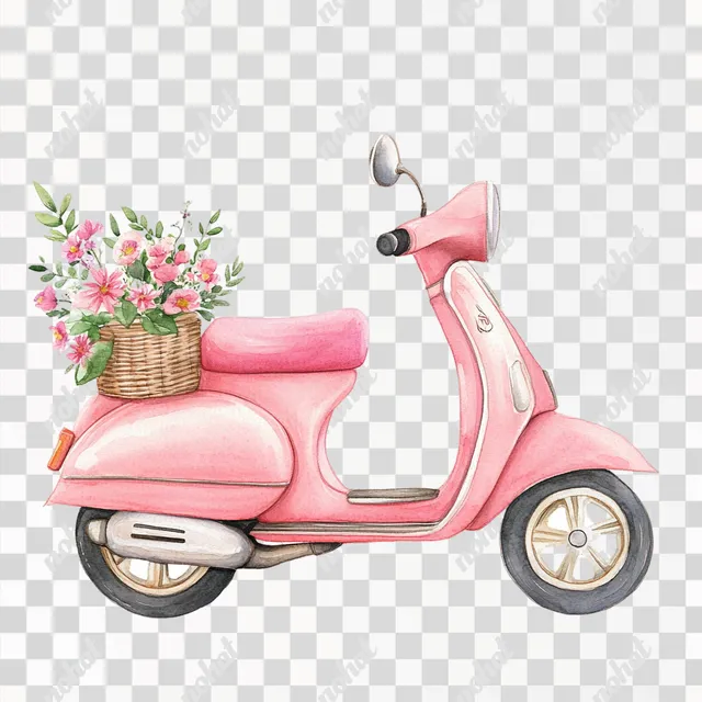 Charming Pink Scooter with Floral Bouquet Clipart Illustration