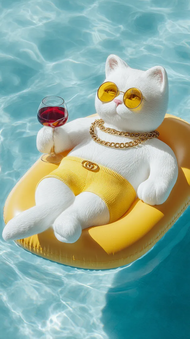 Chic Fluffy White Cat Relaxing on Pool Float