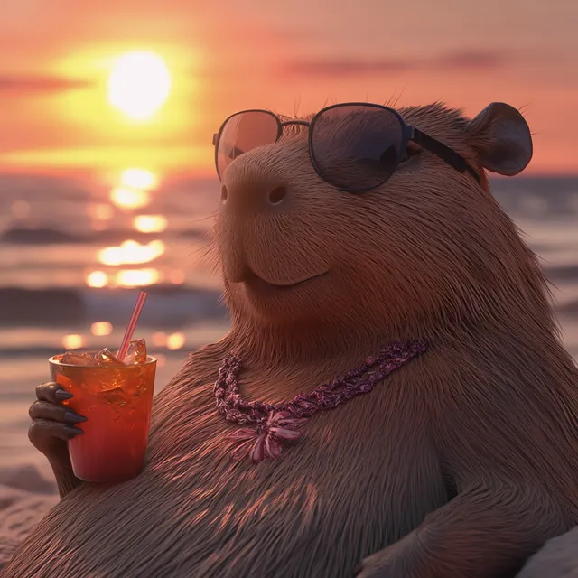 Chillaxing Capybara on a Beach at Sunset