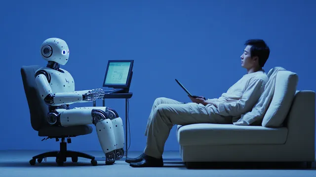 Chinese man relaxing on sofa with AI robot working on laptop in blue room