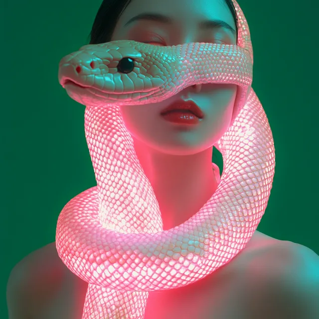 Chinese woman with glowing pink snake in surreal studio photography