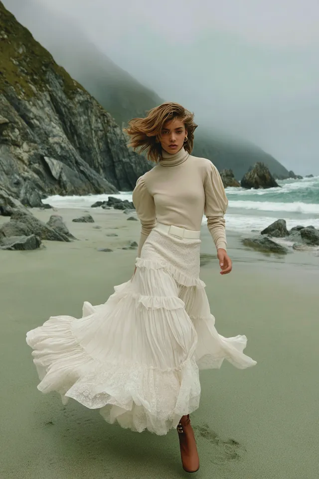 Cinematic Fashion: Woman in Cream Sweater and Lace Skirt on Beach