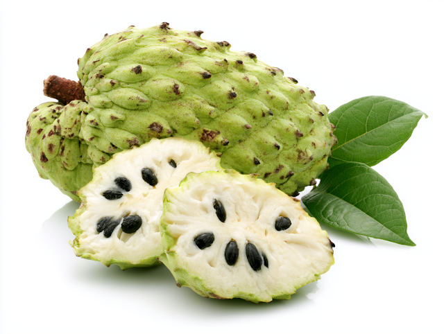Close-Up of Tropical Green Fruit with Cross-Section and Leaves