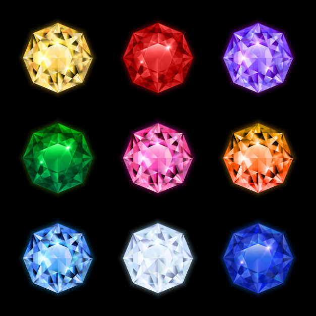 Colored and isolated realistic diamond gemstone icon set in round shapes and different colors Free Vector