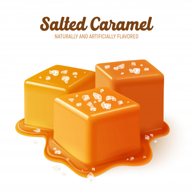 Colored and realistic salted caramel composition with naturally and artificially flavored headline Free Vector