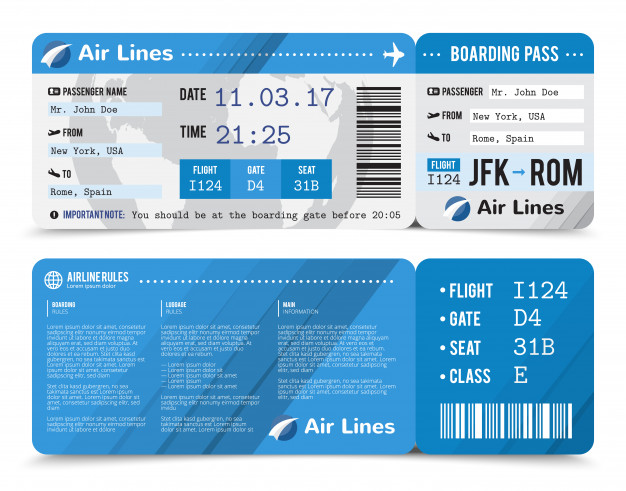 Colored realistic boarding pass composition with information about passenger on the front side and the back Free Vector