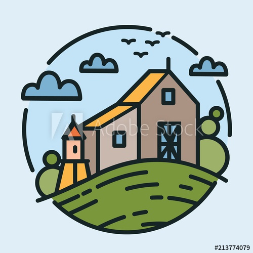 Colorful logotype with beautiful rural scenery and agricultural building standing on hill in modern line art style