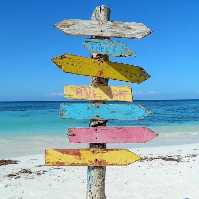 Colorful Wooden Signpost on Tropical Beach