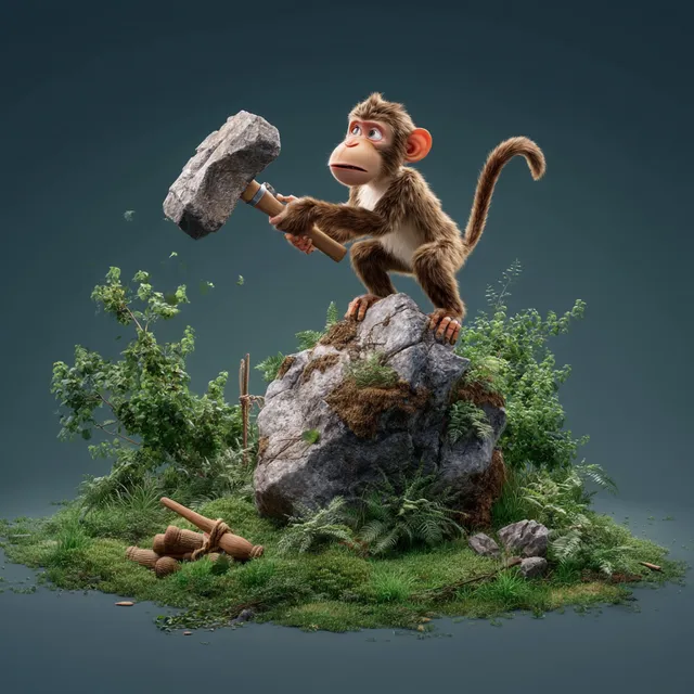 Confused Monkey with Ancient Stone Hammer