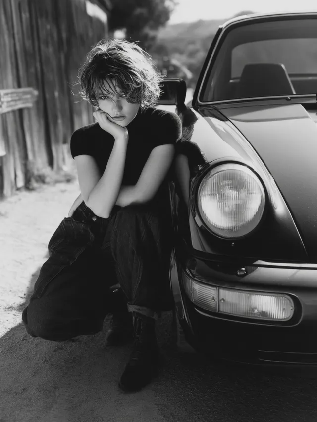 Contemplative Woman Leaning Against Porsche 911