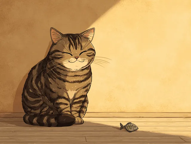 Content Brown Tabby Cat with Dried Fish Treat in Sunlight