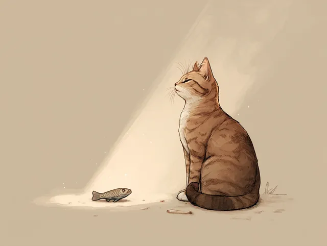 Content Brown Tabby Cat with Dried Fish Treat in Sunlight