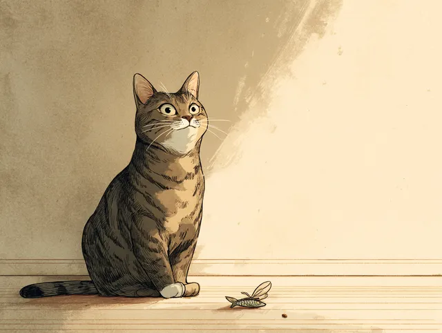 Content Brown Tabby Cat with Fish Treat in Ghibli Style