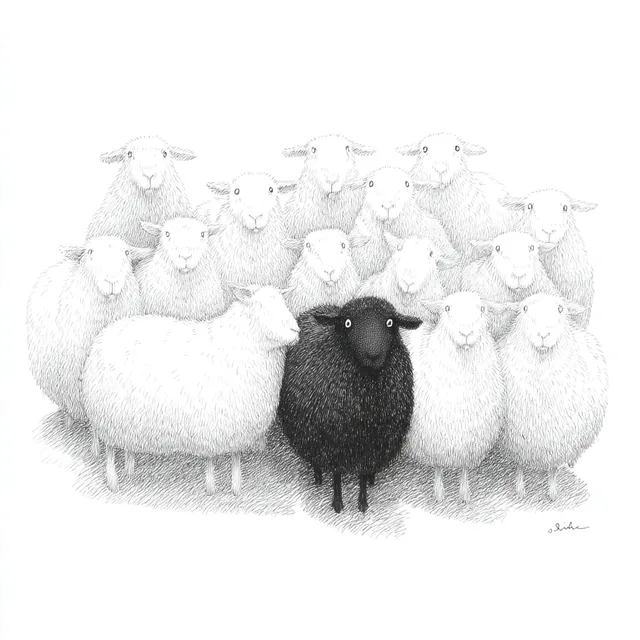Contrasting Sheep Illustrations: A Bold Black Sheep Amongst White Ones