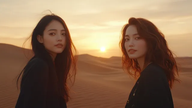 Couple of Women in Western Desert at Sunset, Asian and Caucasian Friends