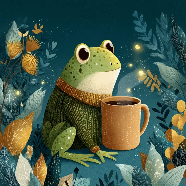 Cozy Frog Enjoying Coffee in Nature