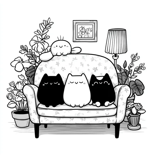 Cozy Kawaii Cats on a Sofa