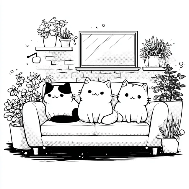 Cozy Kawaii Cats on a Sofa - Kawaii cat drawing