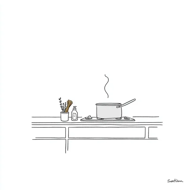 Cozy Minimalist Kitchen Scene with Pasta Cooking