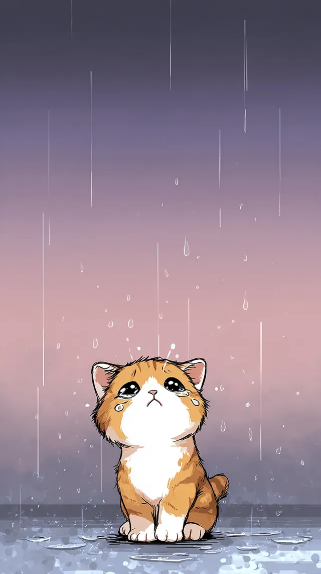 Crying Cartoon Kitten in the Rain
