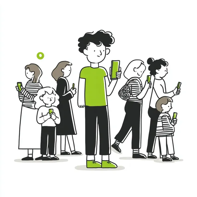 Curious Boy in a Mobile-Obsessed Crowd