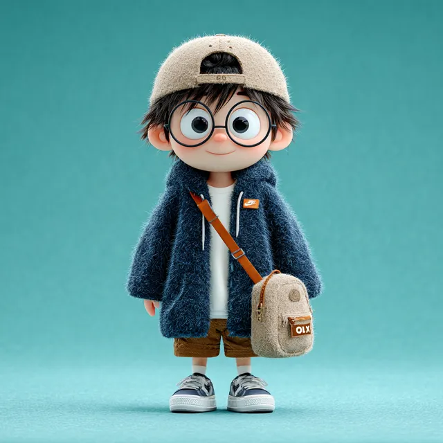 Cute Asian Boy in a Blue Coat with Schoolbag
