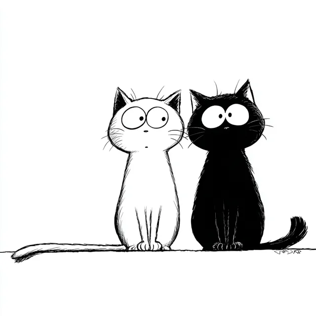 Cute Black and White Cats in Comic Style