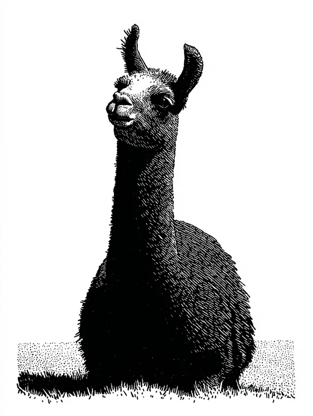 Cute Black and White Llama Linoprint Illustration