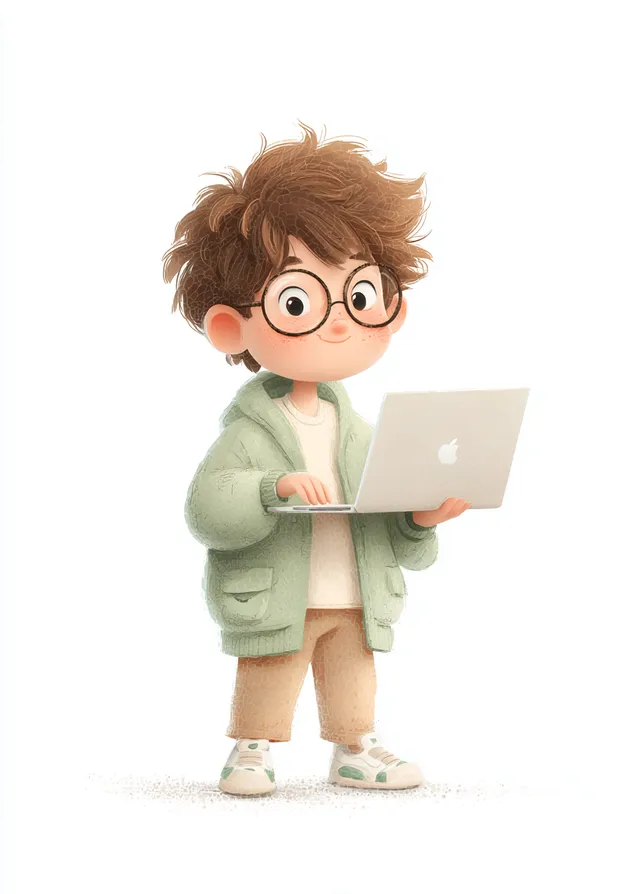 Cute Boy with Laptop in Cartoon Style