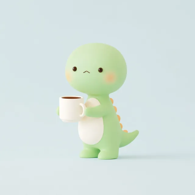 Cute Cartoon Dinosaur Enjoying Coffee