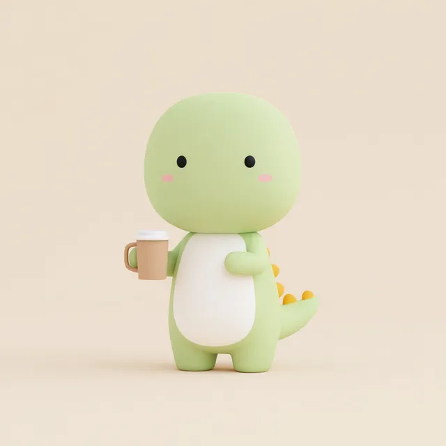 Cute Cartoon Dinosaur Enjoying Coffee