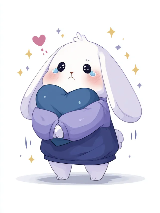 Cute Chibi Bunny Holding Blue Heart Pillow