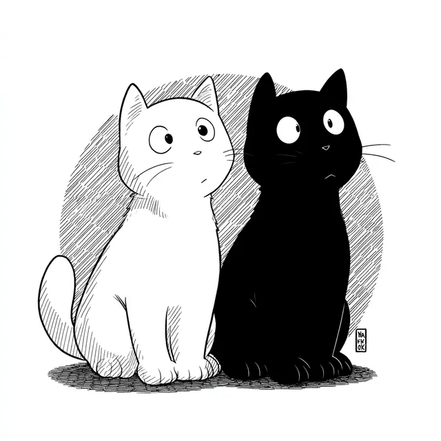 Cute Line Art Cats: White and Black Duo