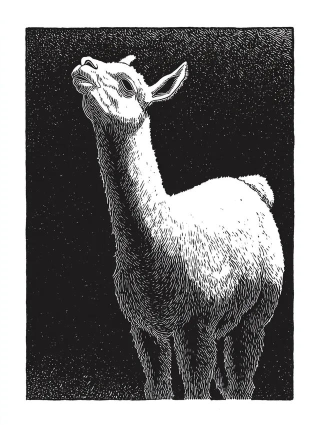 Cute Llama Linoprint Illustration