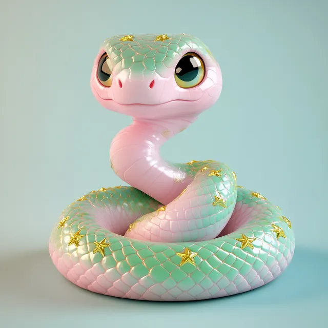 Cute pink and green snake figurine on blue surface, Kawaii style art