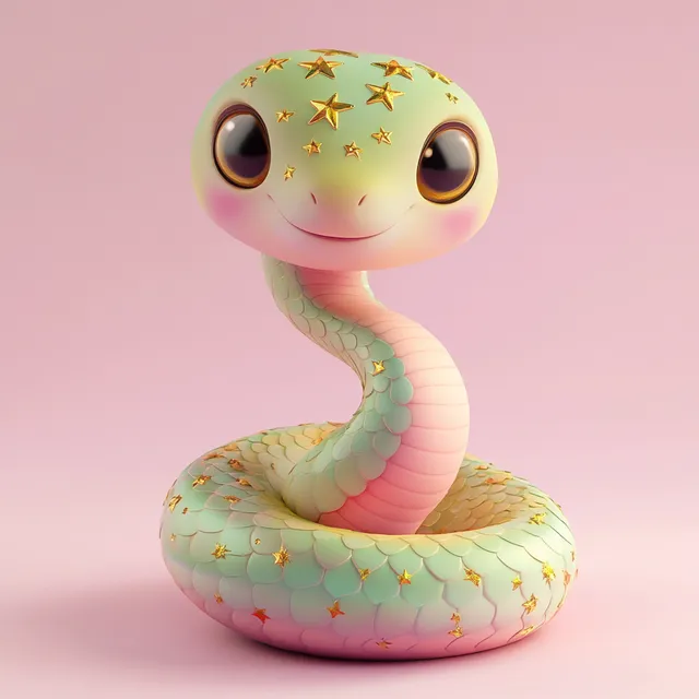 Cute toy snake with golden stars, pink and green scales in pastel colors
