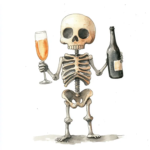 Cute Watercolor Skeleton Celebrating with Champagne