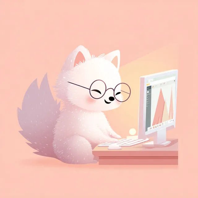 Cute White Fox Working on Computer in Kawaii Style