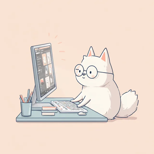 Cute White Fox Working on Computer in Kawaii Style