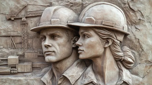 Determined Construction Workers Relief Sculpture