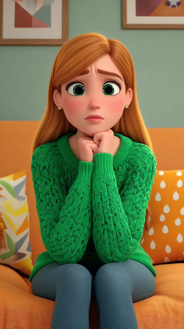 Disney-Style Illustration of a Sad Woman on a Sofa